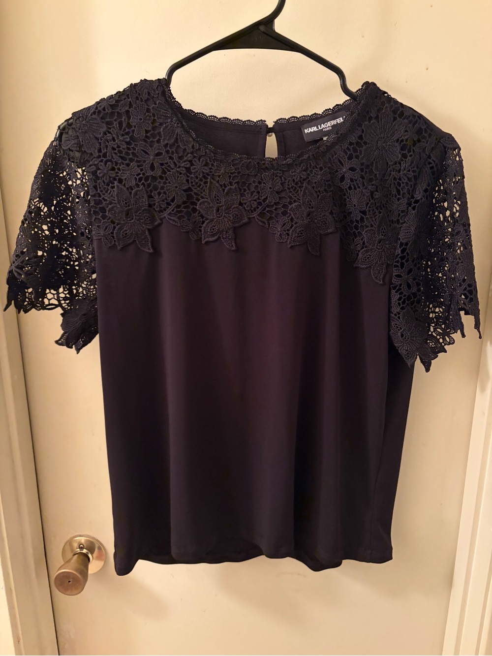 Karl Lagerfeld Black Crochet Lace Yoke Blouse